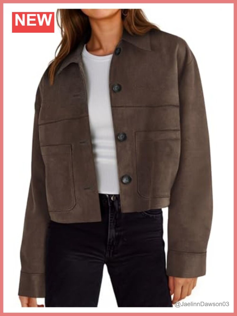 Womens Cropped Faux Suede Jacket Lapel Collar Button Front